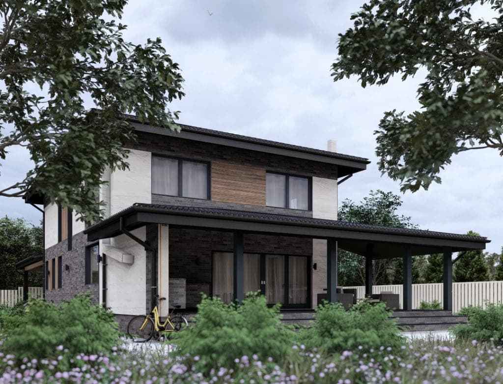 Проект Кокошкино 130 м² — терраса с навесом, боковой вид СИП-дома для ПМЖ